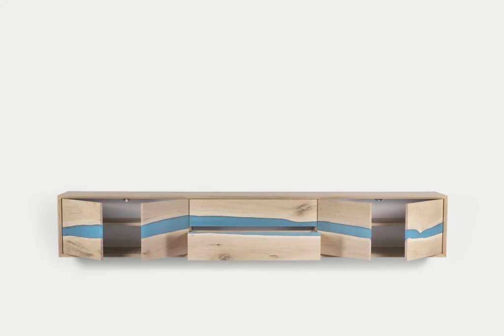 Drina / Massief Eiken Epoxy Hangend TV-Meubel met Push-Open Deuren